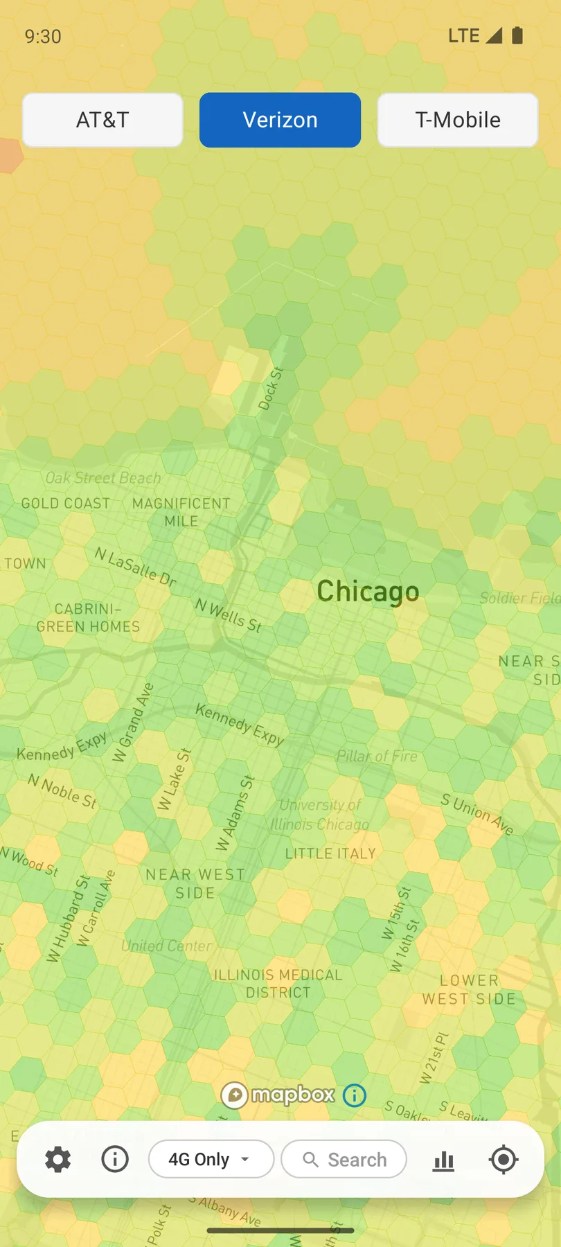 Coverage app map of Chicago showing Verizon 4G-only coverage