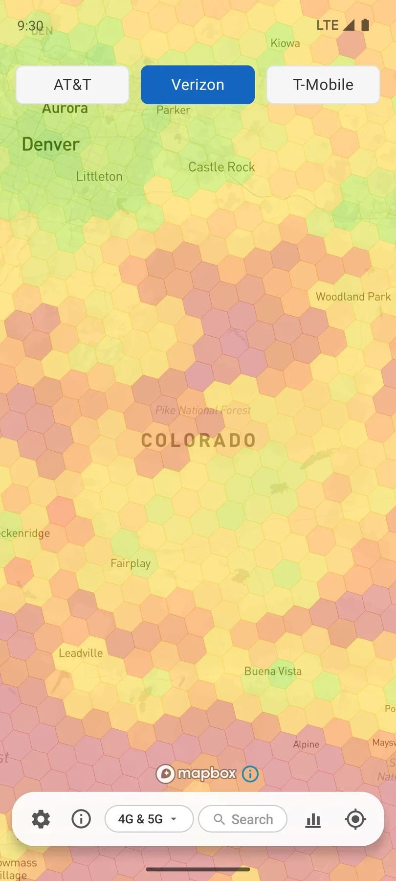 Coverage app map of central Colorado showing Verizon coverage fading from green near Denver to red in the Rockies