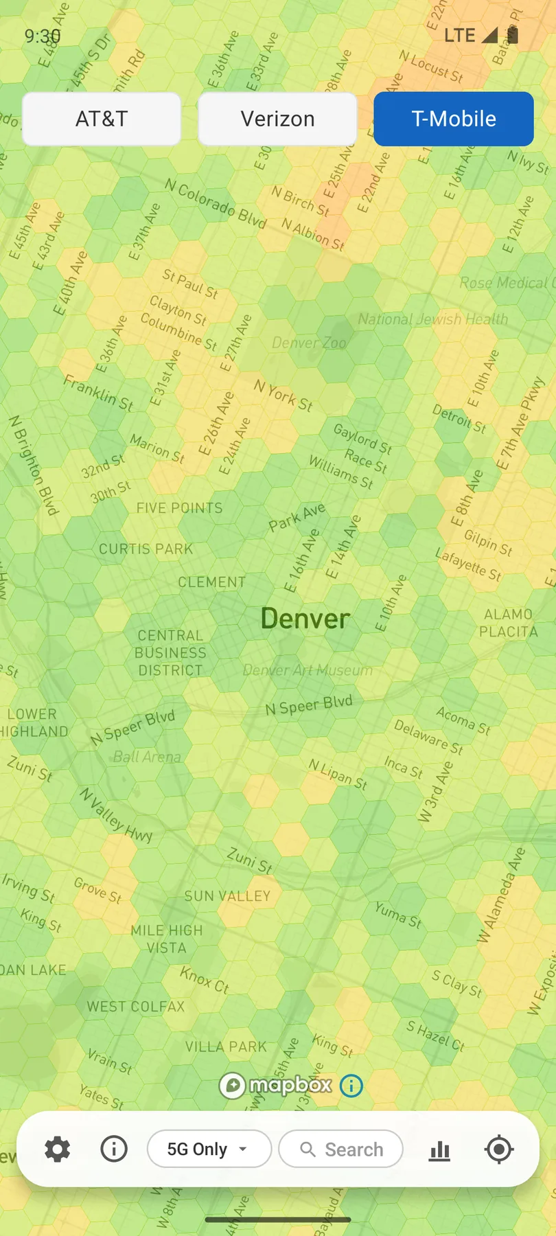 Coverage app map of Denver showing T-Mobile 5G-only coverage