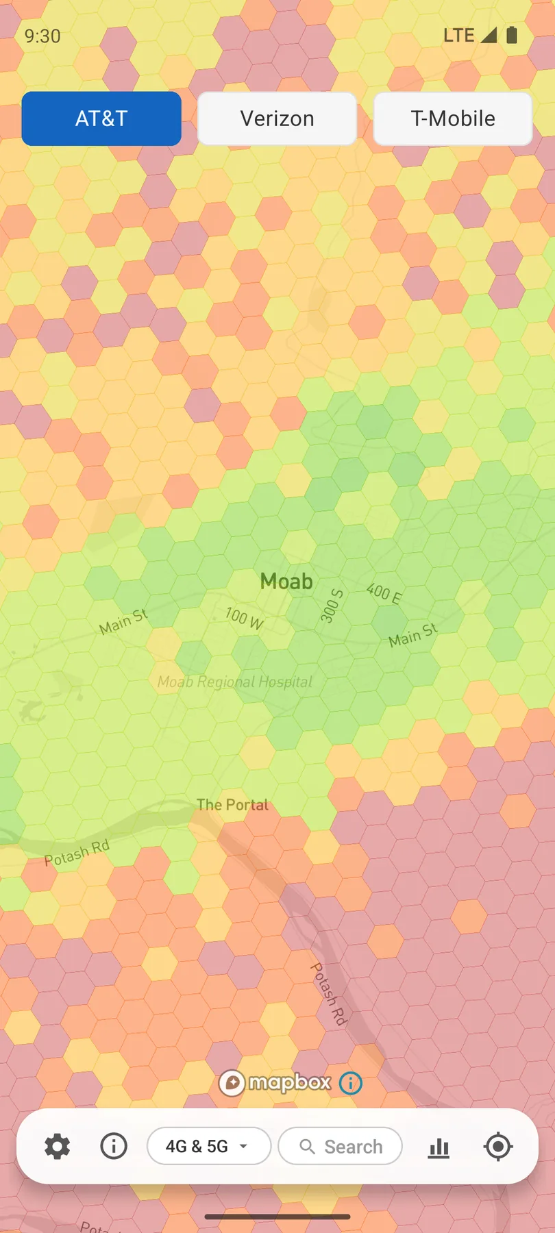 Coverage app map of Moab, Utah showing AT&T coverage in town surrounded by weak-signal canyon country