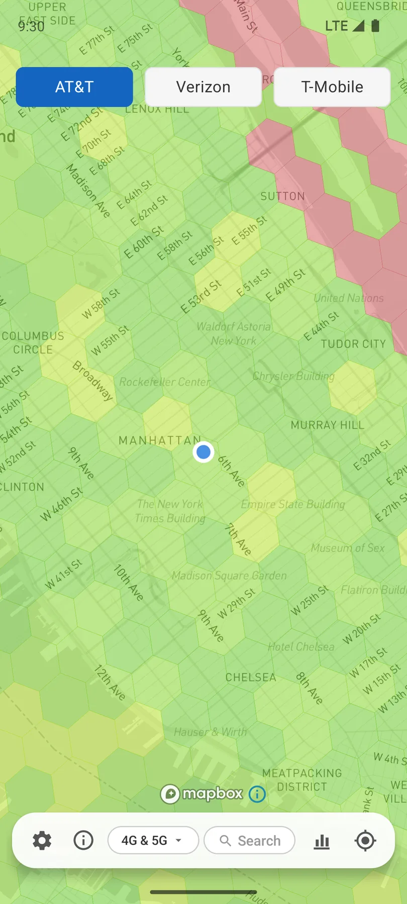 Coverage app map of New York City showing AT&T coverage including red no-coverage hexagons