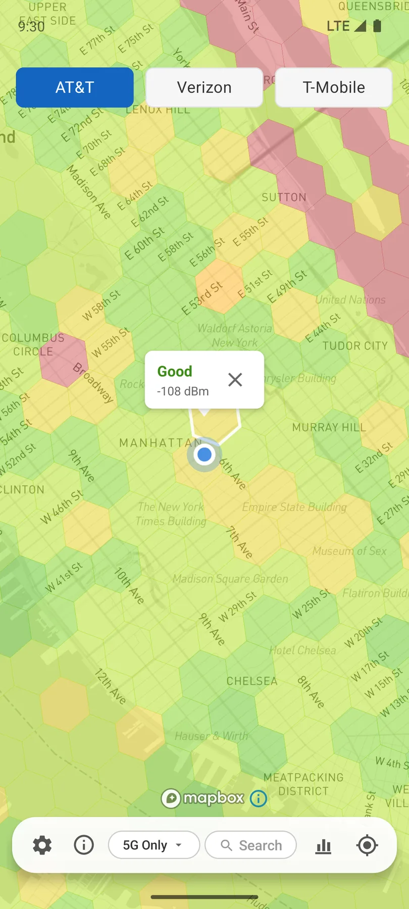 Coverage app showing a tapped hexagon in Manhattan with a popup reading Good, -108 dBm