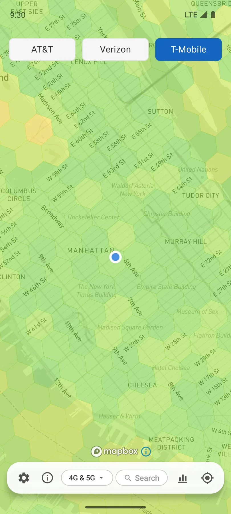 Coverage app map of Midtown Manhattan showing T-Mobile signal strength as green hexagons