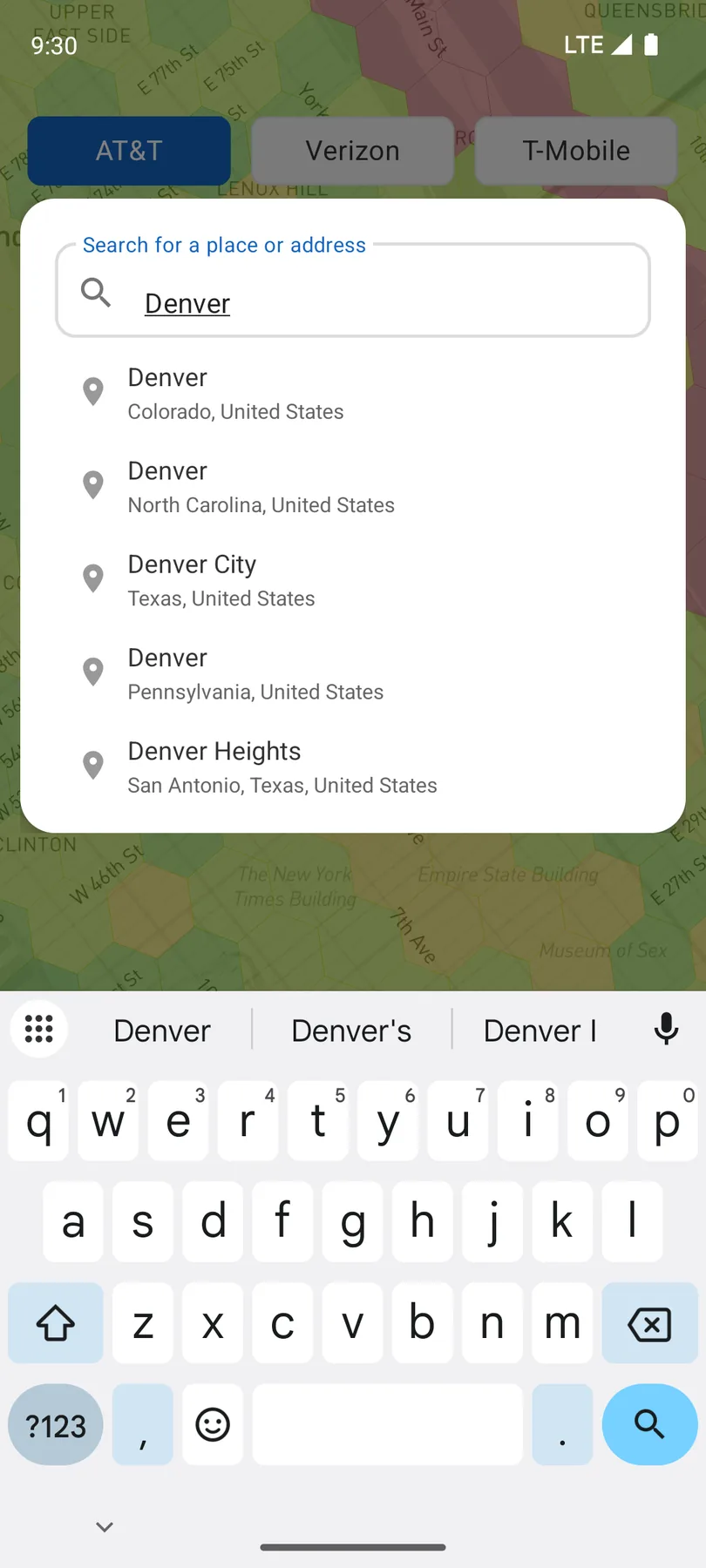 Coverage app search dialog with results for Denver