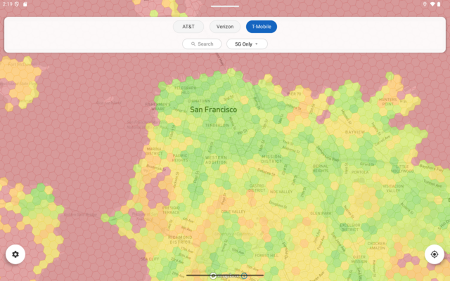 Coverage app screenshot showing T-Mobile 5G coverage in San Francisco